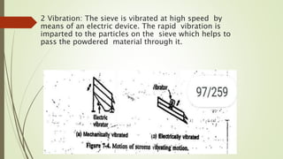 2 Vibration: The sieve is vibrated at high speed by
means of an electric device. The rapid vibration is
imparted to the particles on the sieve which helps to
pass the powdered material through it.
 