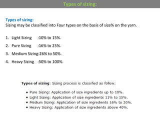 Types of sizing:
Sizing may be classified into Four types on the basis of size% on the yarn.
1. Light Sizing :10% to 15%.
2. Pure Sizing :16% to 25%.
3. Medium Sizing:26% to 50%.
4. Heavy Sizing :50% to 100%.
Types of sizing:
 