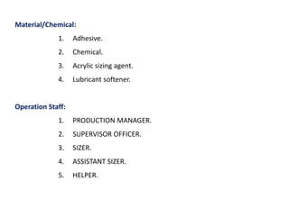 Material/Chemical:
1. Adhesive.
2. Chemical.
3. Acrylic sizing agent.
4. Lubricant softener.
Operation Staff:
1. PRODUCTION MANAGER.
2. SUPERVISOR OFFICER.
3. SIZER.
4. ASSISTANT SIZER.
5. HELPER.
 