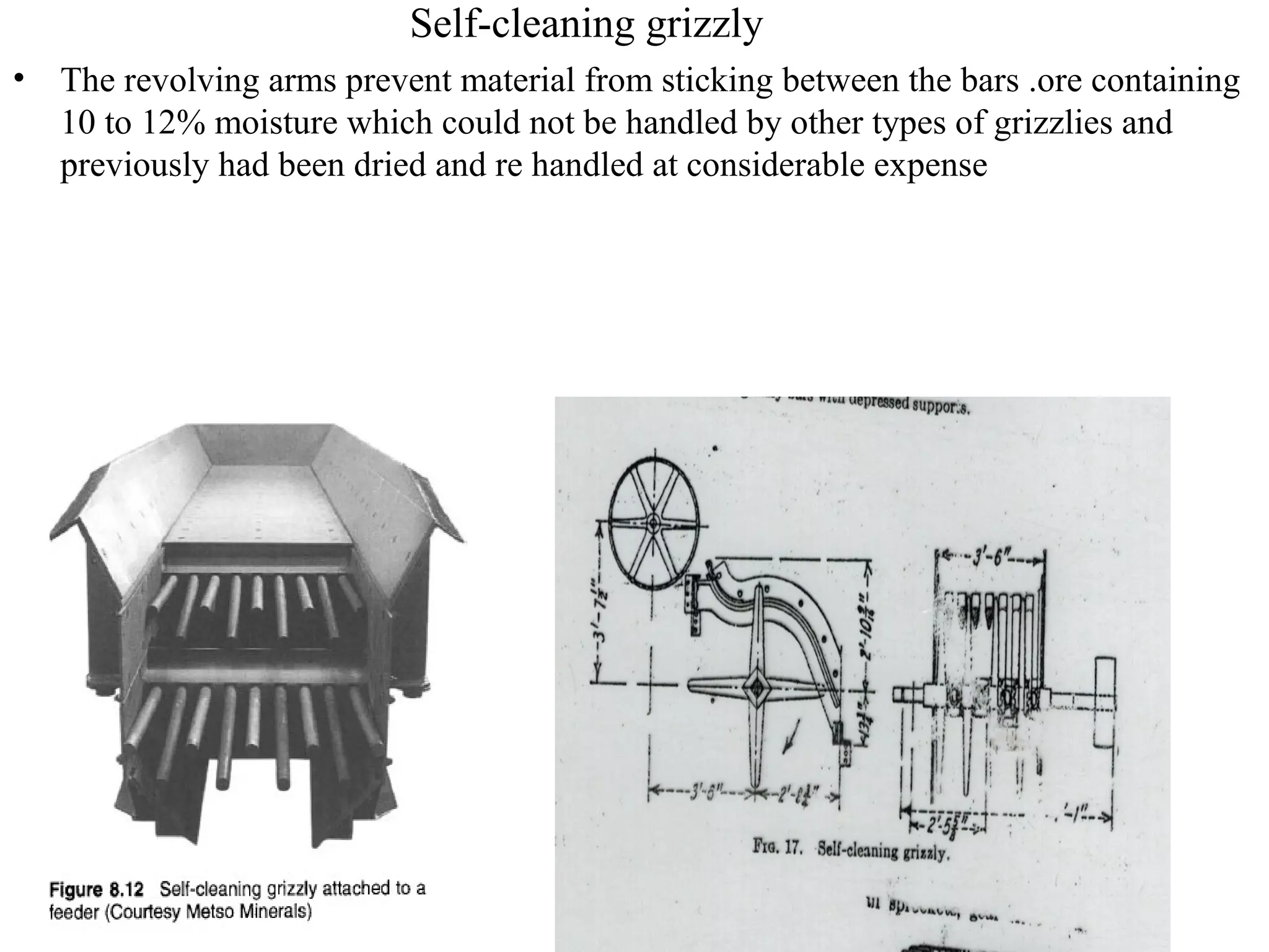 Self-cleaning grizzly
• The revolving arms prevent material from sticking between the bars .ore containing
10 to 12% moisture which could not be handled by other types of grizzlies and
previously had been dried and re handled at considerable expense
 