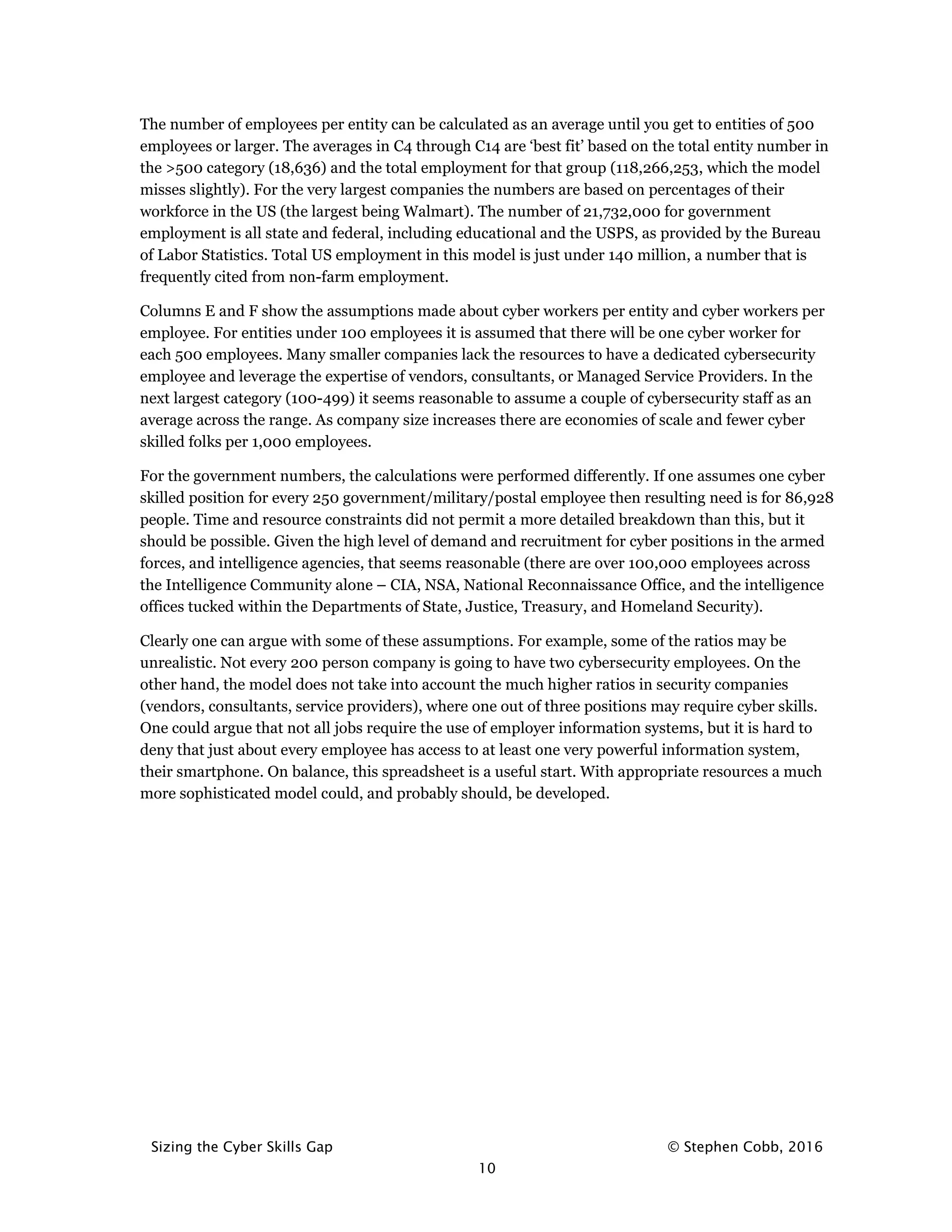 Sizing the Cyber Skills Gap © Stephen Cobb, 2016
10
The number of employees per entity can be calculated as an average until you get to entities of 500
employees or larger. The averages in C4 through C14 are ‘best fit’ based on the total entity number in
the >500 category (18,636) and the total employment for that group (118,266,253, which the model
misses slightly). For the very largest companies the numbers are based on percentages of their
workforce in the US (the largest being Walmart). The number of 21,732,000 for government
employment is all state and federal, including educational and the USPS, as provided by the Bureau
of Labor Statistics. Total US employment in this model is just under 140 million, a number that is
frequently cited from non-farm employment.
Columns E and F show the assumptions made about cyber workers per entity and cyber workers per
employee. For entities under 100 employees it is assumed that there will be one cyber worker for
each 500 employees. Many smaller companies lack the resources to have a dedicated cybersecurity
employee and leverage the expertise of vendors, consultants, or Managed Service Providers. In the
next largest category (100-499) it seems reasonable to assume a couple of cybersecurity staff as an
average across the range. As company size increases there are economies of scale and fewer cyber
skilled folks per 1,000 employees.
For the government numbers, the calculations were performed differently. If one assumes one cyber
skilled position for every 250 government/military/postal employee then resulting need is for 86,928
people. Time and resource constraints did not permit a more detailed breakdown than this, but it
should be possible. Given the high level of demand and recruitment for cyber positions in the armed
forces, and intelligence agencies, that seems reasonable (there are over 100,000 employees across
the Intelligence Community alone – CIA, NSA, National Reconnaissance Office, and the intelligence
offices tucked within the Departments of State, Justice, Treasury, and Homeland Security).
Clearly one can argue with some of these assumptions. For example, some of the ratios may be
unrealistic. Not every 200 person company is going to have two cybersecurity employees. On the
other hand, the model does not take into account the much higher ratios in security companies
(vendors, consultants, service providers), where one out of three positions may require cyber skills.
One could argue that not all jobs require the use of employer information systems, but it is hard to
deny that just about every employee has access to at least one very powerful information system,
their smartphone. On balance, this spreadsheet is a useful start. With appropriate resources a much
more sophisticated model could, and probably should, be developed.
 