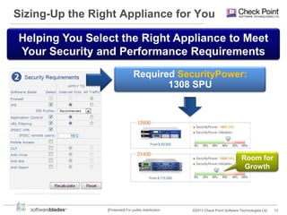 Sizing-Up the Right Appliance for You
Helping You Select the Right Appliance to Meet
Your Security and Performance Requirements
Required SecurityPower:
1308 SPU

Room for
Growth

[Protected] For public distribution

©2013 Check Point Software Technologies Ltd.

13

 