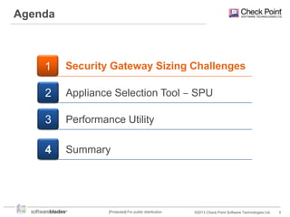 Agenda

1

Security Gateway Sizing Challenges

2

Appliance Selection Tool ‒ SPU

3

Performance Utility

4

Summary

[Protected] For public distribution

©2013 Check Point Software Technologies Ltd.

3

 