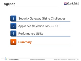 Agenda

1

Security Gateway Sizing Challenges

2

Appliance Selection Tool ‒ SPU

3

Performance Utility

4

Summary

[Protected] For public distribution

©2013 Check Point Software Technologies Ltd.

34

 