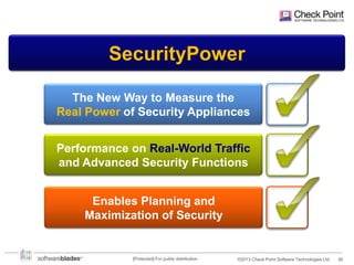 SecurityPower
The New Way to Measure the
Real Power of Security Appliances
Performance on Real-World Traffic
and Advanced Security Functions

Enables Planning and
Maximization of Security

[Protected] For public distribution

©2013 Check Point Software Technologies Ltd.

38

 