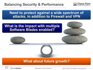 Balancing Security & Performance
Need to protect against a wide spectrum of
attacks, in addition to Firewall and VPN
What is the impact with multiple
Software Blades enabled?

What about future growth?
[Protected] For public distribution

©2013 Check Point Software Technologies Ltd.

7

 