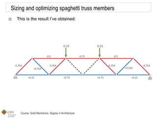 Course: Solid Mechanics. Degree in Architecture
Sizing and optimizing spaghetti truss members
 This is the result I’ve obtained:
 
