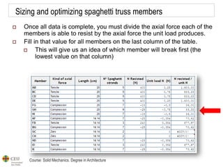 Course: Solid Mechanics. Degree in Architecture
Sizing and optimizing spaghetti truss members
 Once all data is complete, you must divide the axial force each of the
members is able to resist by the axial force the unit load produces.
 Fill in that value for all members on the last column of the table.
 This will give us an idea of which member will break first (the
lowest value on that column)
 