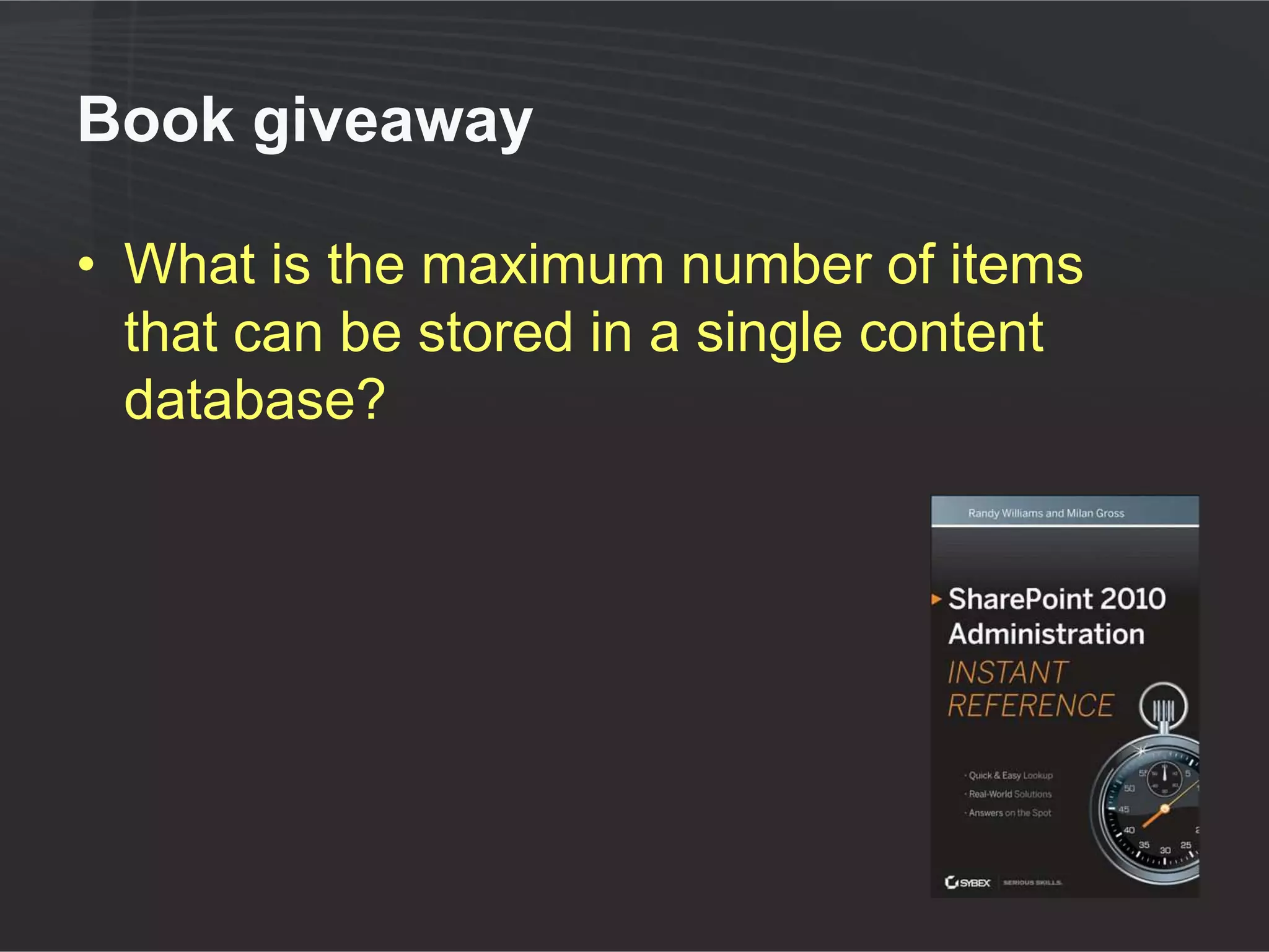 Why are larger DBs slower?

• Select queries take longer
  ●   More rows to filter, group and sort
• Write queries take longer
• Locking escalation
  ●   More blocking
• More data, but data cache same size
• DB maintenance takes longer
  ●   reindex
  ●   dbcc checkdb
 