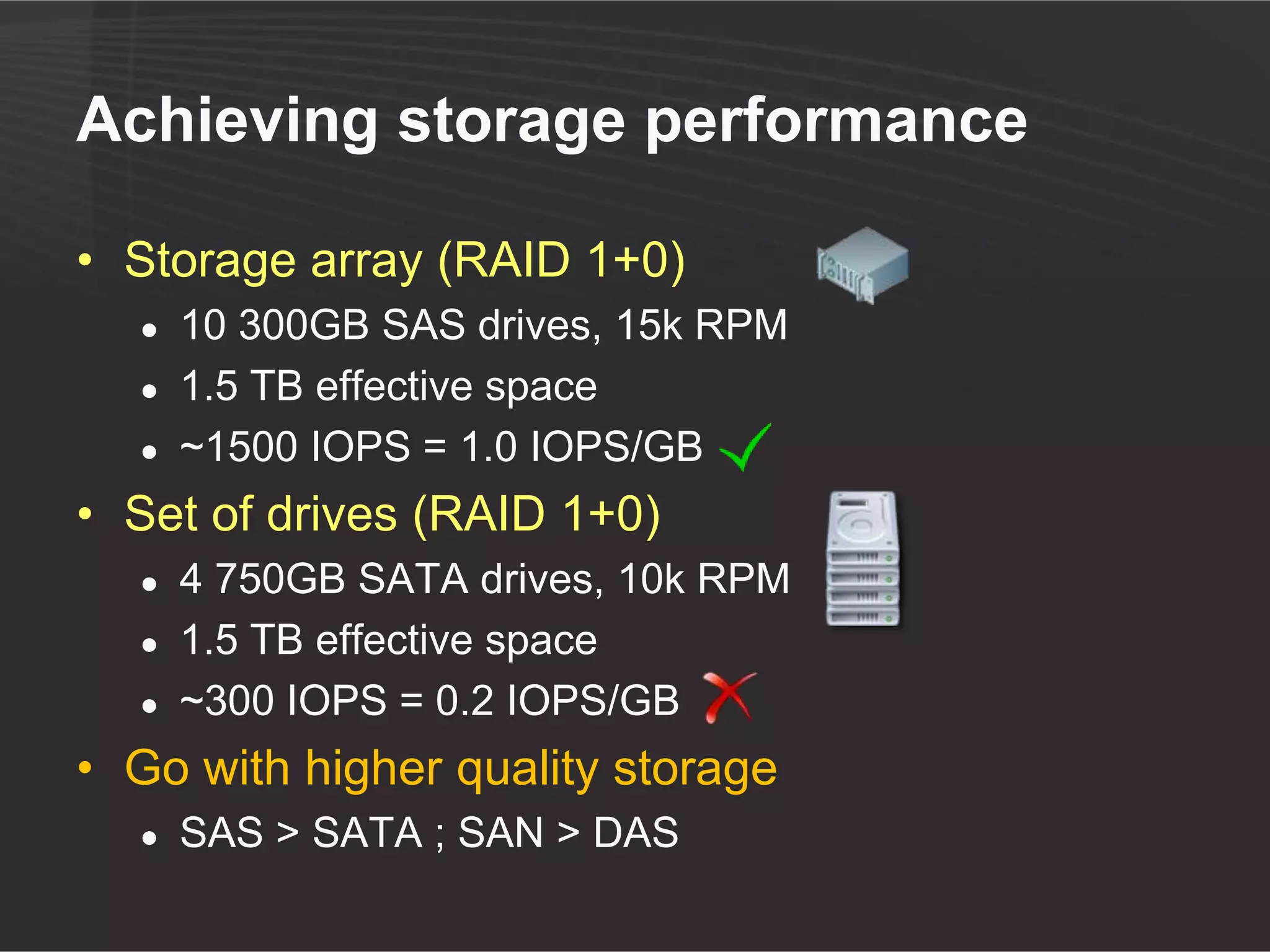 Scaling storage

• Multiple storage arrays (RAID 1+0)
• Break out into multiple LUNs
• Add additional data files to DB, one per
  array
                                F:SP_DocCenter_1.mdf
• Advice                        G: SP_DocCenter_2.ndf
                                                                 Data
   ●   Many smaller drives >           H: SP_DocCenter_3.ndf
                                        I: SP_DocCenter_4.ndf
       fewer larger ones
                                        J: SP_DocCenter.ldf     Log
   ●   RAID 1+0 > RAID 5
 