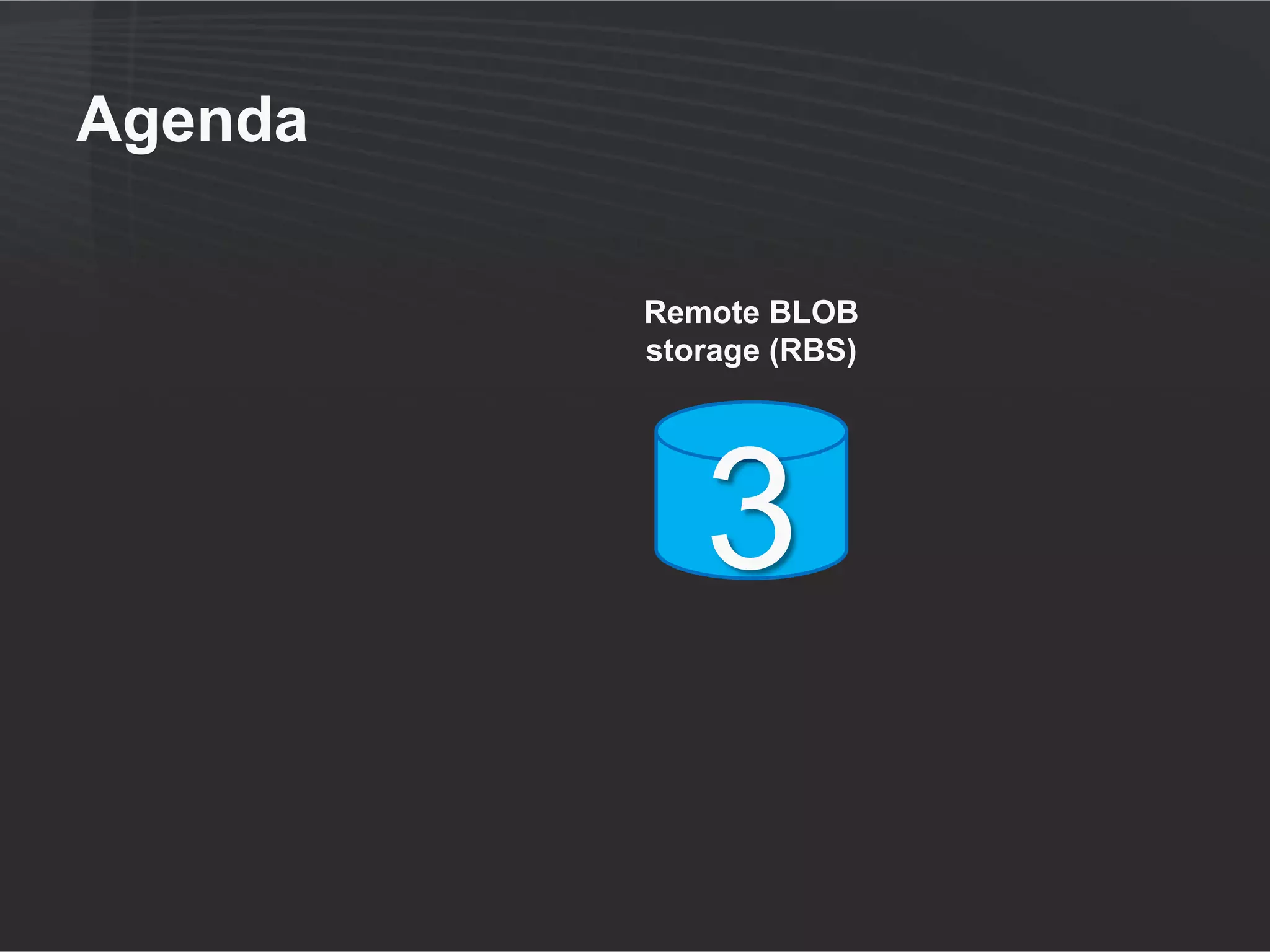 Remote BLOB Storage (RBS)

• Storing document (BLOB) outside
  database
  ●   Reduce database size
• Cannot be used to scale beyond database
  limits
  ●   Effective size = DB size + BLOB store
• Can externalize based on document size
• Built in RBS support with SQL Server
  2008 (FILESTREAM provider)
 