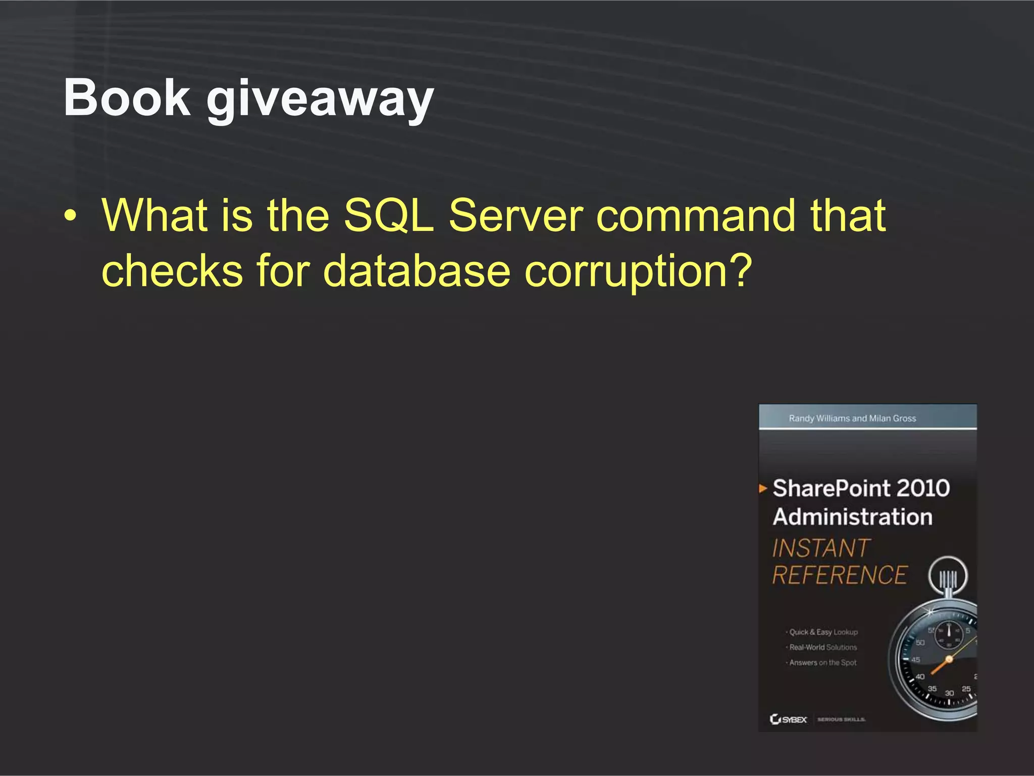 In review

• 4TB is the new supported limit for all
  scenarios
• No limit for record/document centers
• Keys to achieving larger sizes
  ●   Storage performance planning/testing
  ●   DR/HA planning/testing
• RBS offers benefits but does not extend
  these limits
 