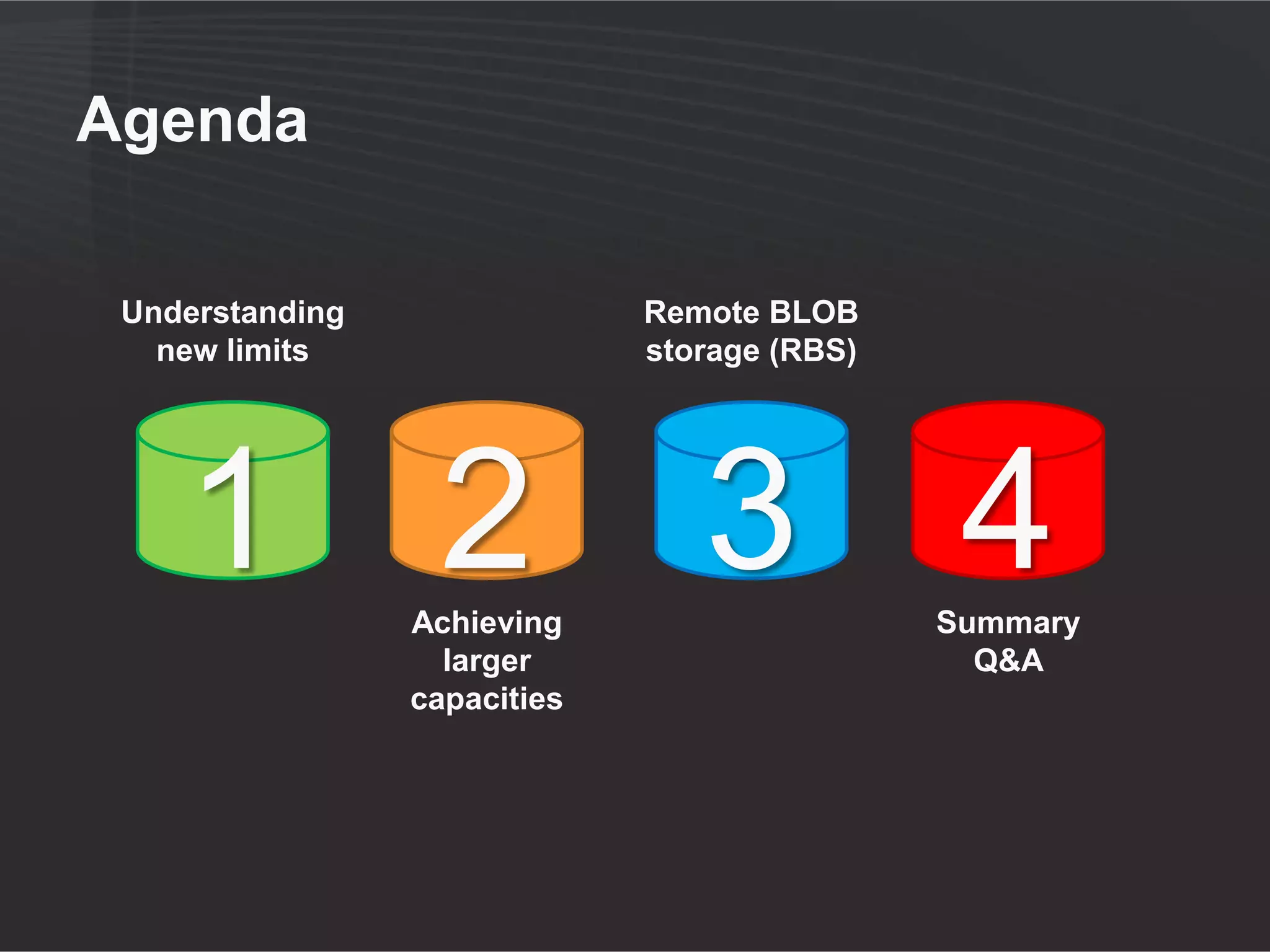 Agenda

 Understanding                Remote BLOB
   new limits                 storage (RBS)




    1 2          Achieving
                                 3 4          Summary
                   larger                       Q&A
                 capacities
 