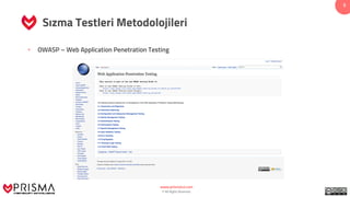 www.prismacsi.com
© All Rights Reserved.
5
www.prismacsi.com
© All Rights Reserved.
5
www.prismacsi.com
© All Rights Reserved.
5
www.prismacsi.com
© All Rights Reserved.
5
Sızma Testleri Metodolojileri
• OWASP – Web Application Penetration Testing
 