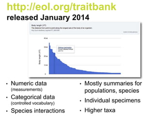 • Numeric data
(measurements)
• Categorical data
(controlled vocabulary)
• Species interactions
• Mostly summaries for
populations, species
• Individual specimens
• Higher taxa
http://eol.org/traitbank
released January 2014
 