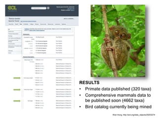 RESULTS
• Primate data published (320 taxa)
• Comprehensive mammals data to
be published soon (4662 taxa)
• Bird catalog currently being mined
Wan Hong, http://eol.org/data_objects/29203274
 