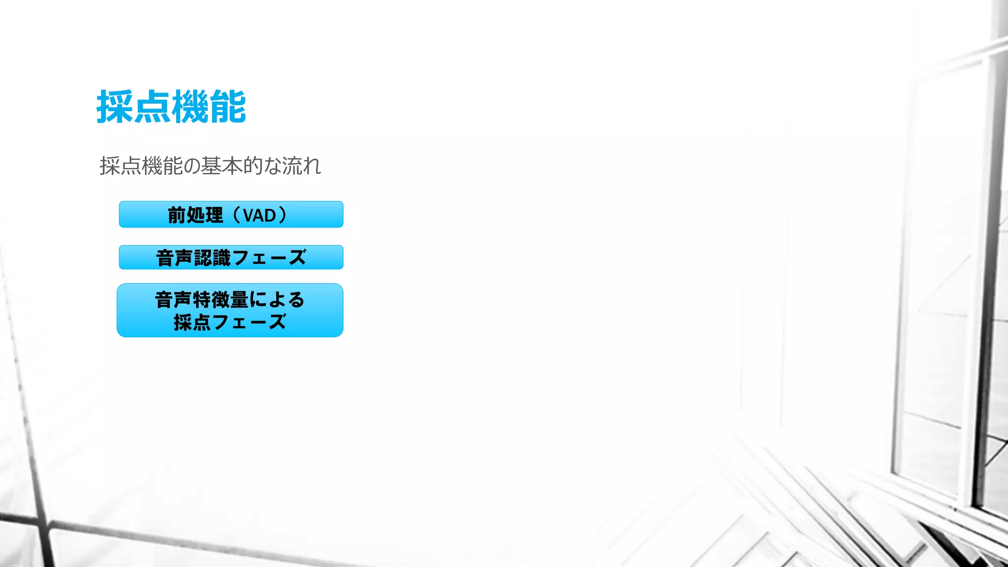 採点機能
採点機能の基本的な流れ
前処理（VAD）
音声認識フェーズ
音声特徴量による
採点フェーズ
 