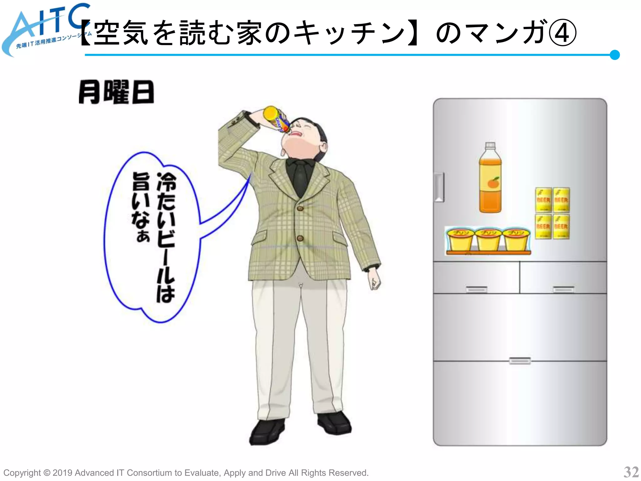 Copyright © 2019 Advanced IT Consortium to Evaluate, Apply and Drive All Rights Reserved. 32
【空気を読む家のキッチン】のマンガ④
 