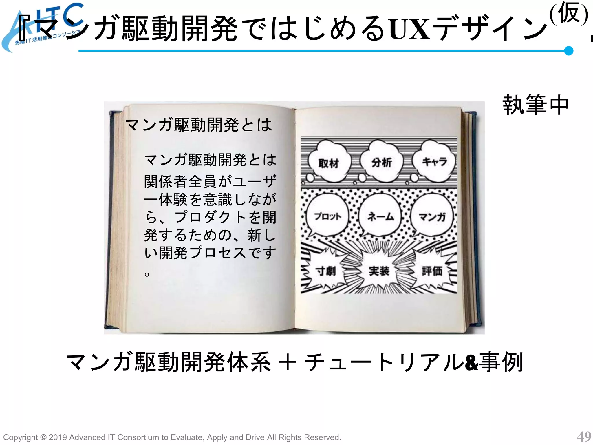 Copyright © 2019 Advanced IT Consortium to Evaluate, Apply and Drive All Rights Reserved. 49
マンガ駆動開発とは
マンガ駆動開発とは
関係者全員がユーザ
ー体験を意識しなが
ら、プロダクトを開
発するための、新し
い開発プロセスです
。
マンガ駆動開発体系 ＋ チュートリアル&事例
『マンガ駆動開発ではじめるUXデザイン
(仮)
』
執筆中
 