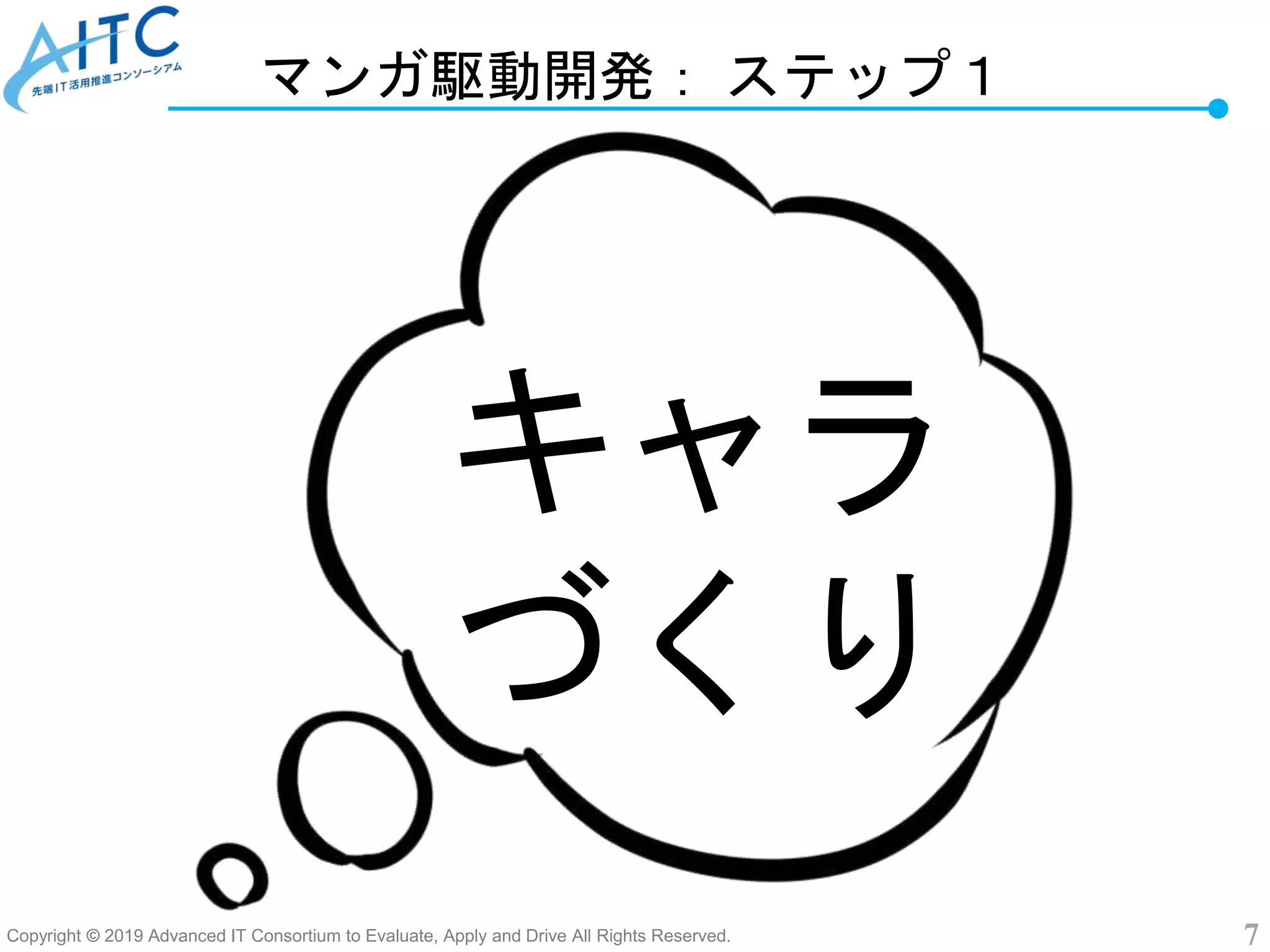 Copyright © 2019 Advanced IT Consortium to Evaluate, Apply and Drive All Rights Reserved. 7
マンガ駆動開発： ステップ１
キャラ
づくり
 