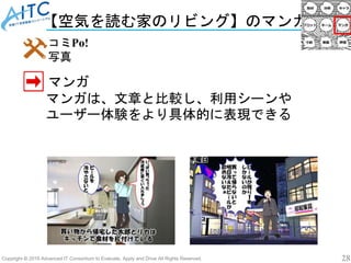 Copyright © 2019 Advanced IT Consortium to Evaluate, Apply and Drive All Rights Reserved. 28
【空気を読む家のリビング】のマンガ
マンガ
コミPo!
写真
マンガは、文章と比較し、利用シーンや
ユーザー体験をより具体的に表現できる
 