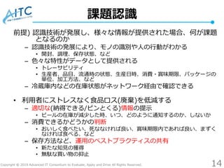 Copyright © 2019 Advanced IT Consortium to Evaluate, Apply and Drive All Rights Reserved.
課題認識
前提) 認識技術が発展し、様々な情報が提供された場合、...
