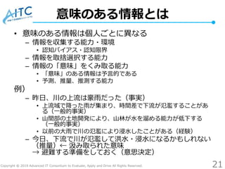 Copyright © 2019 Advanced IT Consortium to Evaluate, Apply and Drive All Rights Reserved.
意味のある情報とは
• 意味のある情報は個人ごとに異なる
– 情...