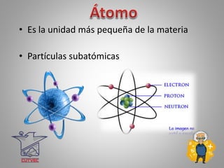• Es la unidad más pequeña de la materia
• Partículas subatómicas
 