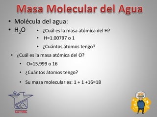 • Molécula del agua:
• H2O
• H=1.00797 o 1
• ¿Cuántos átomos tengo?
• ¿Cuál es la masa atómica del O?
• O=15.999 o 16
• ¿Cuántos átomos tengo?
• Su masa molecular es: 1 + 1 +16=18
• ¿Cuál es la masa atómica del H?
 