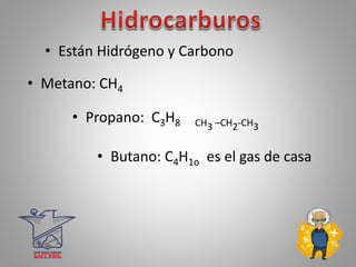 • Están Hidrógeno y Carbono
• Metano: CH4
• Propano: C3H8 CH3 –CH2-CH3
• Butano: C4H1o es el gas de casa
 