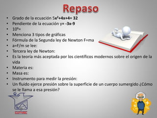 • Grado de la ecuación 5x2+4x+4= 32
• Pendiente de la ecuación y= -3x-9
• 106=
• Menciona 3 tipos de gráficas
• Fórmula de la Segunda ley de Newton F=ma
• a=F/m se lee:
• Tercera ley de Newton:
• Es la teoría más aceptada por los científicos modernos sobre el origen de la
vida
• Materia es:
• Masa es:
• Instrumento para medir la presión:
• Un fluido ejerce presión sobre la superficie de un cuerpo sumergido ¿Cómo
se le llama a esa presión?
 