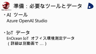 準備：必要なツールとデータ
• AI ツール
Azure OpenAI Studio
• IoT データ
EnOcean IoT オフィス環境測定データ
（詳細は別動画で …）
 