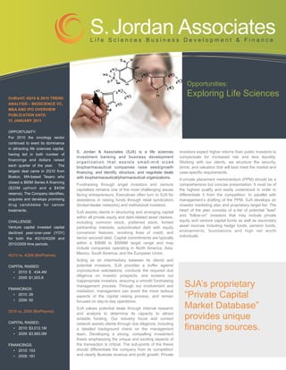 S. Jordan Associates
                                               Life Sciences Business Development & Finance




 MONTH
 YEAR
                                                                                                       Opportunities:

OnBioVC 4Q10 & 2010 TREND
                                                                                                       Exploring Life Sciences
ANALYSIS – BIOSCIENCE VC,
M&A AND IPO OVERVIEW
PUBLICATION DATE:
31 JANUARY 2011


OPPORTUNITY:
For 2010 the oncology sector
continued to exert its dominance
in attracting life sciences capital,
                                       S. Jordan & Associates (SJA) is a life sciences             investors expect higher returns than public investors to
having led in both number of
                                       investment banking and business development                 compensate for increased risk and less liquidity.
financings and dollars raised
                                       organization that assists small-mid sized                   Working with our clients, we structure the security,
each quarter of the year. The          biopharmaceutical companies raise seed/growth               terms, and valuation that will best meet the market and
largest deal came in 2Q10 from         financing, and identify, structure, and negotiate deals     case-specific requirements.
Boston, MA-based Tesaro who            with biopharmaceutical/pharmaceutical organizations.        A private placement memorandum (PPM) should be a
closed a $60M Series A financing
                                       Fundraising through angel investors and venture             comprehensive but concise presentation. It must be of
($20M upfront and a $40M               capitalists remains one of the most challenging issues      the highest quality and easily understood in order to
reserve). The Company identifies,      facing entrepreneurs. Executives often turn to SJA for      differentiate it from the competition. In parallel with
acquires and develops promising        assistance in raising funds through retail syndicators      management’s drafting of the PPM, SJA develops an
drug candidates for cancer             (broker/dealer networks) and institutional investors.       investor marketing plan and proprietary target list. The
treatments.                            SJA assists clients in structuring and arranging capital    heart of the plan consists of a list of potential “lead”
                                       within all private equity and debt-related asset classes,   and “follow-on” investors that may include private
CHALLENGE:                             including common stock, preferred stock, limited            equity and venture capital funds as well as secondary
Venture capital invested capital       partnership interests, subordinated debt with equity        asset sources including hedge funds, pension funds,
                                       conversion features, revolving lines of credit, and         endowments, foundations and high net worth
declined year-over-year (YOY)
                                       senior secured debt. Capital commitments are typically      individuals.
for both the 4Q10/4Q09 and
2010/2009 time periods.                within a $5MM to $50MM target range and may
                                       include companies operating in North America, Asia,
                                       Mexico, South America, and the European Union.
4Q10 vs. 4Q09 (BioPharma)
                                       Acting as an intermediary between its clients and
CAPITAL RAISED:                        potential investors, SJA provides a buffer against
  • 2010: $ 434.4M                     unproductive solicitations, conducts the required due
  • 2009: $1,003.8
                                       diligence on investor prospects, and screens out

                                                                                                     SJA’s proprietary
                                       inappropriate investors, ensuring a smooth fundraising
                                       management process. Through our involvement and
FINANCINGS:
                                       mediation, management can avoid the more tedious
   • 2010: 28
   • 2009: 50
                                       aspects of the capital raising process, and remain            “Private Capital
                                       focused on day-to-day operations.

2010 vs. 2009 (BioPharma)
                                       SJA values potential deals through internal research          Market Database”
                                       and analysis to determine its capacity to attract
                                       suitable funding. Our industry focus and contact              provides unique
CAPITAL RAISED:
                                                                                                     financing sources.
                                       network assists clients through due diligence, including
  • 2010: $3,012.1M                    a detailed background check on the management
  • 2009: $3,583.0M                    team. Developing a strong, compelling investment
                                       thesis emphasizing the unique and exciting aspects of
FINANCINGS:                            the transaction is critical. The sub-points of the thesis
   • 2010: 153                         should differentiate the company from its competition
   • 2009: 181                         and clearly illustrate revenue and profit growth. Private
 