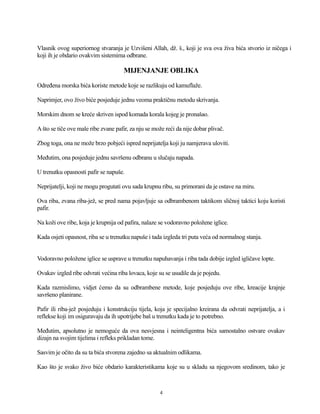 Vlasnik ovog superiornog stvaranja je Uzvišeni Allah, dž. š., koji je sva ova živa bića stvorio iz ničega i
koji ih je obdario ovakvim sistemima odbrane.
MIJENJANJE OBLIKA
Određena morska bića koriste metode koje se razlikuju od kamuflaže.
Naprimjer, ovo živo biće posjeduje jednu veoma praktičnu metodu skrivanja.
Morskim dnom se kreće skriven ispod komada korala kojeg je pronašao.
Ašto se tiče ove male ribe zvane pafir, za nju se može reći da nije dobar plivač.
Zbog toga, ona ne može brzo pobjeći ispred neprijatelja koji ju namjerava uloviti.
Međutim, ona posjeduje jednu savršenu odbranu u slučaju napada.
U trenutku opasnosti pafir se napuše.
Neprijatelji, koji ne mogu progutati ovu sada krupnu ribu, su primorani da je ostave na miru.
Ova riba, zvana riba-jež, se pred nama pojavljuje sa odbrambenom taktikom sličnoj taktici koju koristi
pafir.
Na koži ove ribe, koja je krupnija od pafira, nalaze se vodoravno položene iglice.
Kada osjeti opasnost, riba se u trenutku napuše i tada izgleda tri puta veća od normalnog stanja.
Vodoravno položene iglice se usprave u trenutku napuhavanja i riba tada dobije izgled igličave lopte.
Ovakav izgled ribe odvrati većina riba lovaca, koje su se usudile da je pojedu.
Kada razmislimo, vidjet ćemo da su odbrambene metode, koje posjeduju ove ribe, kreacije krajnje
savršeno planirane.
Pafir ili riba-jež posjeduju i konstrukciju tijela, koja je specijalno kreirana da odvrati neprijatelja, a i
reflekse koji im osiguravaju da ih upotrijebe baš u trenutku kada je to potrebno.
Međutim, apsolutno je nemoguće da ova nesvjesna i neinteligentna bića samostalno ostvare ovakav
dizajn na svojim tijelima i refleks prikladan tome.
Sasvim je očito da su ta bića stvorena zajedno sa aktualnim odlikama.
Kao što je svako živo biće obdario karakteristikama koje su u skladu sa njegovom sredinom, tako je
4
 