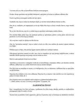 Astvarne očii ove ribe su kamuflirane širokom crnom prugom.
Ovakav dizajn apsolutno nije produkt slučajnosti, specijalno je kreiran za odbranu odbranu ribe.
I kod ovog bića je nemoguće razlikovati rep i glavu.
Vještačko oko, koje se nalazi na stražnjem dijelu, je savršen metod odbrane kreiran za ribe...
Ono što je, međutim, još zapanjujuće je da nije biljka biće koje se kreće između listova, nego morski
konj!
Što se tiče ribe-klovna, ona živi u sredini koja je apsolutno nedostupna ostalim ribama.
Ova morska biljka preko koje ona spokojno prolazi je opremljena jednim veoma jakim otrovom koji
paralizira sva živa bića koja je dotaknu.
Ali, ovaj otrov uopće ne djeluje na ribu-klovna.
Zato što "prozračna materija", koja se nalazi u koži ove ribe, ima osobinu da zaustavi opasne mahune
ove biljke.
Približavajući se biljci, riba počinje lagano tijelom dodirivati i razbijati mahune.
Zahvaljujući prozirnoj materiji na sebi, otrov koji se rasprskava po njoj postaje nedjelotvoran, a nakon
nekoliko sličnih operacija ona postaje sasvim imuna na otrov.
Moći će sada spokojno živjeti na ovoj biljci.
Apsolutno je nerazumno i nelogično tvrditi da su kamufliranje, mijenjanje oblika i još desetine metoda
odbrane, odlike koje su se stekle iskustvom ili da su nastale slučajno.
Ova bića koja ne posjeduju ni razum, a ni inteligenciju, žive sa sistemima i odlikama koje su specijalno
za njih kreirane.
Onaj koji ih je obdario svim ovim odlikama, Onaj koji ih je smjestio i dao utočište na ovim mjestima je
jedino UzvišeniAllah, dž. š.
Ova činjenica nam se na slijedeći način saopćava u jednom kur'anskom ajetu:
"...Allah, uistinu, sva zna i o svemu je obaviješten." (Luqman, 34)
ZAJEDNIČKI ŽIVOT
Kao i mnogobrojna živa bića na kopnu, i podmorna živa bića imaju, također, potrebu za međusobnim
pomaganjem kako bi ostala u životu.
Veoma često je potrebno čistiti organizme, gljivice ili parazite, koji se formiraju na određenim morskim
6
 