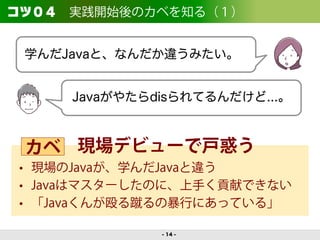 �����実践開始後のカベを知る（１）
•! 現場のJavaが、学んだJavaと違う
•! Javaはマスターしたのに、上手く貢献できない
•! 「Javaくんが殴る蹴るの暴行にあっている」
- 14 -
    
はい！
プログラミングの準備...