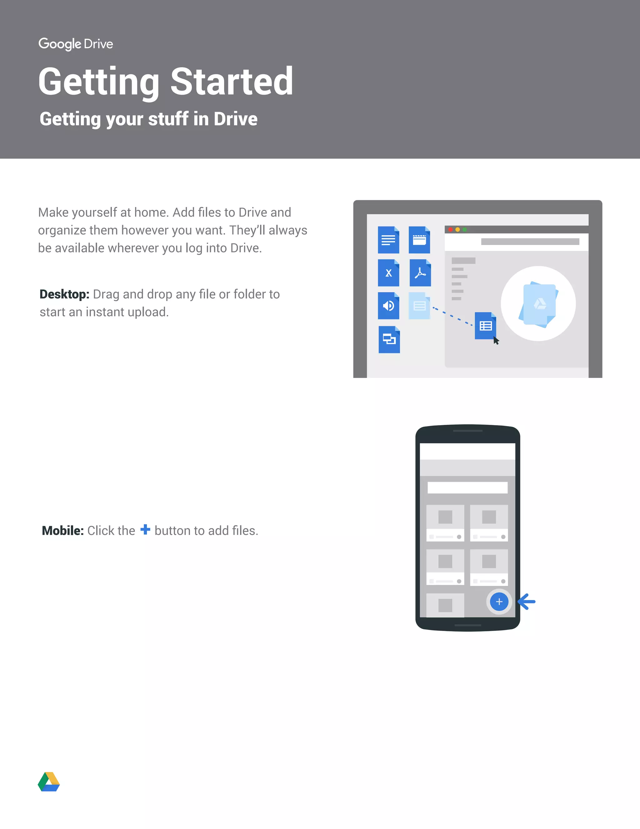 Getting Started
Make yourself at home. Add files to Drive and
organize them however you want. They’ll always
be available wherever you log into Drive.
Desktop: Drag and drop any file or folder to
start an instant upload.
Mobile: Click the button to add files.+
Getting your stuff in Drive
 