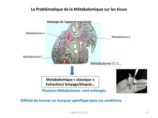 La Problématique de la Métabolomique sur les tissus
Histologie de l'appareil respiratoire

Métabolome B
Métabolome A

Métabolomes C

Métabolome D, E…

Metabolomique « classique »
Extraction/ broyage/biopsie…
Plusieurs Métabolomes sont mélangés
Difficile de trouver un marquer spécifique dans ces conditions
SJBM 1412 2013

29

 