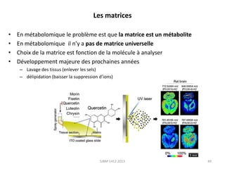 Les matrices
•
•
•
•

En métabolomique le problème est que la matrice est un métabolite
En métabolomique il n’y a pas de matrice universelle
Choix de la matrice est fonction de la molécule à analyser
Développement majeure des prochaines années
– Lavage des tissus (enlever les sels)
– délipidation (baisser la suppression d’ions)

SJBM 1412 2013

49

 