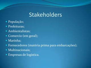 Stakeholders
 População;
 Prefeituras;
 Ambientalistas;
 Comercio (em geral);
 Marinha;
 Fornecedores (matéria prima para embarcações);
 Multinacionais;
 Empresas de logística.
 