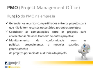 PMO (Project Management Office)
 Função do PMO na empresa
 Gerenciar os recursos compartilhados entre os projetos para
  que não faltem recursos necessários aos outros projetos;
 Coordenar as comunicações entre os projetos para
  apresentar as “lessons learned” de outros projetos;
 Monitoramento        da      conformidade        com     as
  políticas, procedimentos e modelos padrões de
  gerenciamento
  de projetos por meio de auditorias do projeto.
 