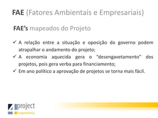 FAE (Fatores Ambientais e Empresariais)
FAE’s mapeados do Projeto
 A relação entre a situação e oposição do governo podem
  atrapalhar o andamento do projeto;
 A economia aquecida gera o “desengavetamento” dos
  projetos, pois gera verba para financiamento;
 Em ano político a aprovação de projetos se torna mais fácil.
 