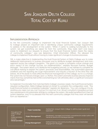 San Joaquin Delta College
Total Cost of Kuali
Implementation Approach
As the first community college to implement the Kuali Financial System, San Joaquin Del-
ta College played an important role in identifying unique community college requirements
to address in the development of the system. “When it came to adding functionality to the
system, we got everything we asked for from the community. They really bent over back-
wards to implement our requests to ensure that the Kuali Financial System meets the needs
of community colleges,” says Lee Belarmino, Chief Information Officer. This allowed the
college to implement Kuali without having to make significant changes to business processes.
Still, a major objective in implementing the Kuali Financial System at Delta College was to make
deliberate improvements to business processes and to distribute budget development and man-
agement across the college’s programs. “The goal is to create a complete culture change and
each aspect of this change touches our implementation,” explains Racquel Puentes, Budget
Manager. “The system allows us to distribute the budgeting process, so we needed to complete Fis-
cal Officer training to explain the system, processes and responsibilities. The automated approval
workflows and the reporting are huge improvements and require a fraction of the time they did
before. All of this leads to more effective financial management of the college, but it is a change.
The system has not forced changes upon us. Rather, the system promotes business process improve-
ments that may sometimes feel a little overwhelming but will ultimately allow us significant and pow-
erful advantages.”
To implement functionality that matched Delta College’s business needs, the Kuali Financial System
required configuration. Delta College leaned on rSmart to complete the configuration work. “The
Kuali Financial System is completely malleable,” explains Mr. Belarmino. “You can configure it to do
anything you need, but you can’t just put it in and turn it on. rSmart consultants translated our busi-
ness requirements into parameter settings to configure the system. We really benefited from their full
system expertise, and I’m so pleased that the next community colleges that they assist will benefit
from our experience.”
Throughout the
Delta College
Kuali
implementation
process,
rSmart provided:
Project Leadership:
Assisted San Joaquin Delta College to define project goals and
approach
Project Management:
Developed, managed and revised comprehensive project plans with
task-level detail and interdependencies
Change Management:
Defined training and communication plans, and stakeholder
engagement strategies
 