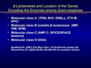  -Lactamases and Location of the Genes Encoding the Enzymes among Gram-negatives <ul><li>Molecular class A  (TEM, SHV, ES...