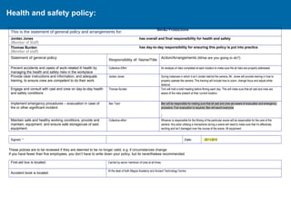 Health and safety policy:
This is the statement of general policy and arrangements for:
      Ben&J Productions
Jordan Jones
(Member of Staff)
has overall and final responsibility for health and safety
Thomas Burden
(Member of staff)
has day-to-day responsibility for ensuring this policy is put into practice
Statement of general policy
Responsibility of: Name/Title
Action/Arrangements (What are you going to do?)
Prevent accidents and cases of work-related ill health by
managing the health and safety risks in the workplace
Collective Effort An analysis of risks completed at each location to make sure the all risks are properly addressed
Provide clear instructions and information, and adequate
training, to ensure crew are competent to do their work
Jordan Jones During instances in which it isn’t Jordan behind the camera, Mr. Jones will provide training in how to
properly operate the camera. This training will include how to zoom, change focus and adjust white
balance.
Engage and consult with cast and crew on day-to-day health
and safety conditions
Thomas Burden Tom will hold a brief meeting before filming each day. This will make sure that all cast and crew are
aware of the risks present at their current location.
Implement emergency procedures – evacuation in case of
fire or other significant incident.
Ben Trant Ben will be responsible for making sure that all cast and crew are aware of evacuation and emergency
procedure. If an evacuation is required, Ben will escort everyone
Maintain safe and healthy working conditions, provide and
maintain, equipment, and ensure safe storage/use of said
equipment.
Collective effort Whoever is responsible for the filming of the particular scene will be responsible for the care of the
camera. Any actor utilising a microphone during a scene will need to make sure that it’s effectively
working and isn’t damaged over the course of the scene. All equipment
Signed: * Date: 20/11/2015
These polices are to be reviewed if they are deemed to be no longer valid, e.g. if circumstances change.
If you have fewer than five employees, you don’t have to write down your policy; but its nevertheless recommended
First-aid box is located: Carried by senior membver of crew at all times
Accident book is located:
At the desk of both Magna Academy and Ancient Technology Centre.
 