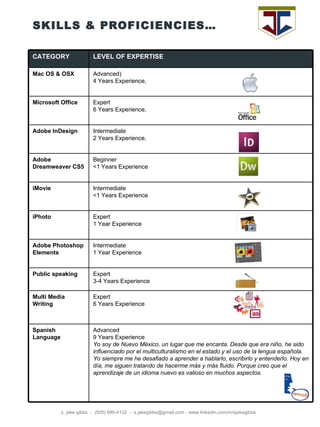SKILLS & PROFICIENCIES… s. jake gibbs  -  (505) 690-4132  -  s.jakegibbs@gmail.com - www.linkedin.com/in/sjakegibbs CATEGORY LEVEL OF EXPERTISE Mac OS & OSX Advanced) 4 Years Experience,  Microsoft Office Expert 6 Years Experience,  Adobe InDesign Intermediate 2 Years Experience,  Adobe Dreamweaver CS5 Beginner <1 Years Experience iMovie Intermediate <1 Years Experience iPhoto Expert 1 Year Experience Adobe Photoshop Elements Intermediate 1 Year Experience Public speaking Expert 3-4 Years Experience Multi Media Writing Expert 6 Years Experience Spanish Language Advanced 9 Years Experience Yo soy de Nuevo México, un lugar que me encanta. Desde que era niño, he sido influenciado por el multiculturalismo en el estado y el uso de la lengua española. Yo siempre me he desafiado a aprender a hablarlo, escribirlo y entenderlo. Hoy en día, me siguen tratando de hacerme más y más fluido. Porque creo que el aprendizaje de un idioma nuevo es valioso en muchos aspectos. 