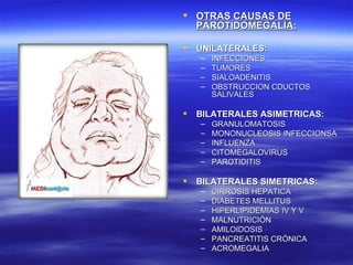  OTRAS CAUSAS DE
  PAROTIDOMEGALIA:

   UNILATERALES:
    –   INFECCIONES
    –   TUMORES
    –   SIALOADENITIS
    –   OBSTRUCCION CDUCTOS
        SALIVALES

   BILATERALES ASIMETRICAS:
    –   GRANULOMATOSIS
    –   MONONUCLEOSIS INFECCIONSA
    –   INFLUENZA
    –   CITOMEGALOVIRUS
    –   PAROTIDITIS

   BILATERALES SIMETRICAS:
    –   CIRROSIS HEPATICA
    –   DIABETES MELLITUS
    –   HIPERLIPIDEMIAS IV Y V
    –   MALNUTRICIÓN
    –   AMILOIDOSIS
    –   PANCREATITIS CRÓNICA
    –   ACROMEGALIA
 