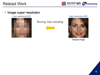 • Image super-resolution
High-resolution (HR)
Blurring, Sub-sampling
Original image
Low-resolution (LR)
Related Work
13
 