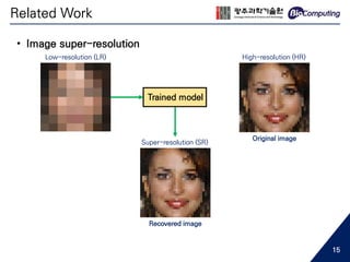 • Image super-resolution
High-resolution (HR)
Original image
Low-resolution (LR)
Trained model
Super-resolution (SR)
Recovered image
Related Work
15
 