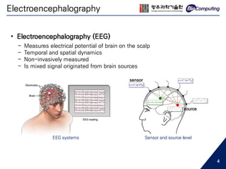 Electroencephalography
• Electroencephalography (EEG)
- Measures electrical potential of brain on the scalp
- Temporal and spatial dynamics
- Non-invasively measured
- Is mixed signal originated from brain sources
EEG systems Sensor and source level
source
sensor
4
 